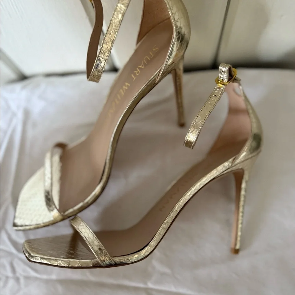 Stuart Weitzman Gold Strappy Heels Nudistcurve 100 metallic watersnake leather